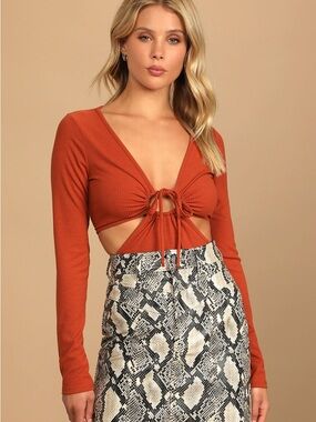 Favorite Flirt Rust Orange Ribbed Long Sleeve Cutout Bodysuit